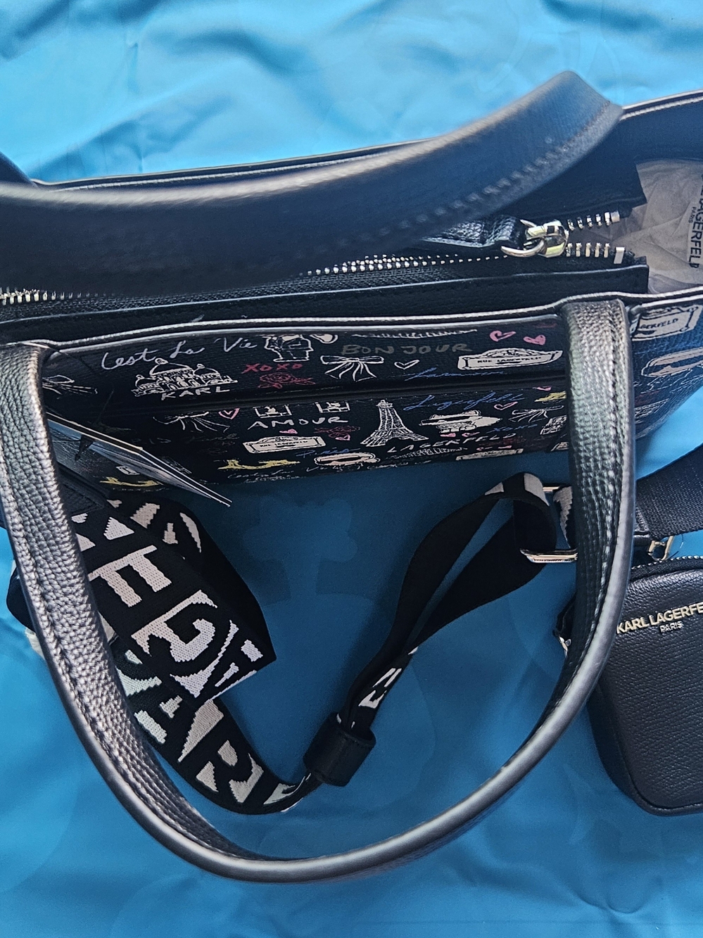 Karl Lagerfeld Black Paris Print Tote with Logo Strap - Picture 5 of 7